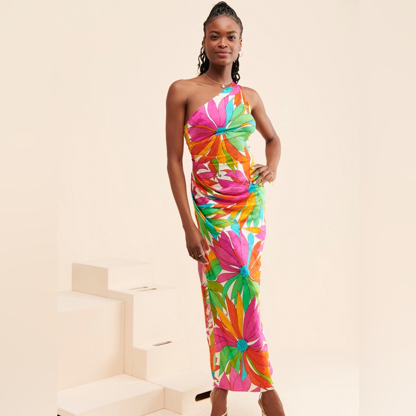Ronny Kobo Gildo One-Shoulder Floral Satin Midi Dress Size Medium Silk Blend M